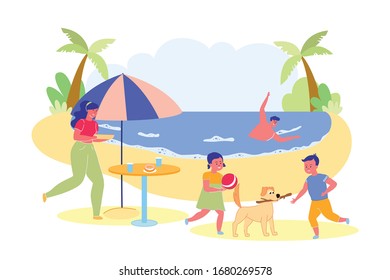 Family Picnic Scene On Tropical Sea Coast Background. Parents, Pets And Children's Joint Summer Vacation On Beach. Active Recreation Outdoor And Happy Childhood. Flat Cartoon Vector Illustration.