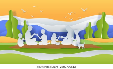 Family picnic scene paper cut style silhouettes enjoying outdoor meal with dog trees birds in background vibrant colors landscape