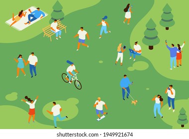 Family picnic and summer rest. Isometric People in park leisure and outdoor activity. City park isometry icons of people sitting on bench, playing and reading book.Vector characters isolated elements.