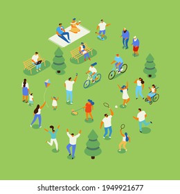 Family picnic and summer rest. People in park leisure and outdoor activity. City park isometry icons of people sitting on bench, playing and reading book vector isometric isolated elements.