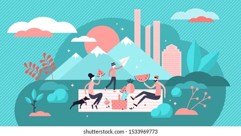 Family picnic vector illustration. Flat tiny outdoor meal persons concept. Parents and children together lunch in park. Food basket with fruits and urban vegan scene. Lovely and happy recreation trip.