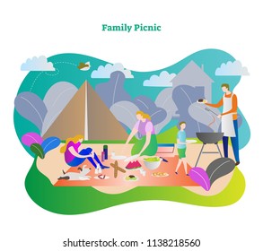 Family picnic vector illustration. Happy family together with mother, father, son, daughter and dog in camping trip weekend. Outdoor barbecue in lunch or dinner. Clouds, bird and nature in background.