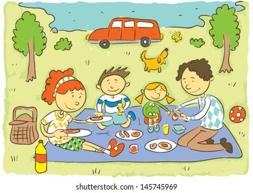 Family Picnic.Child's Hand Drawing Vector Illustration On Happy Family Having Picnic Of Meadow