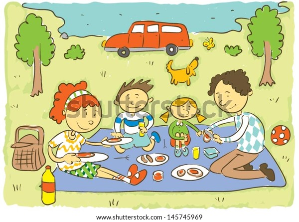 Family Picnicchilds Hand Drawing Vector Illustration Stock Vector ...