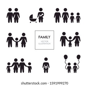 Family pictograms Image of a father, a mother with her children. Editable vector.