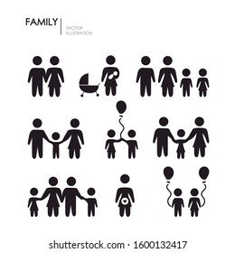 Family pictograms Image of a father, a mother with her children. Editable vector.