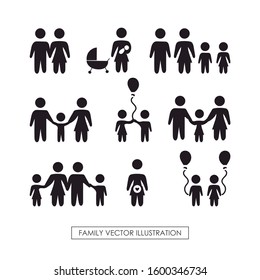 Family pictograms Image of a father, a mother with her children. Editable vector.
