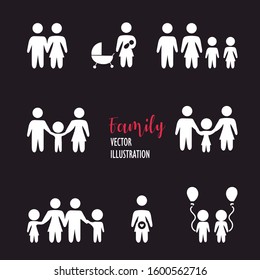 Family pictograms Image of a father, a mother with her children. Editable vector.