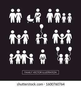 Family pictograms Image of a father, a mother with her children. Editable vector.