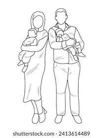 Family picture, sketch of father and mother silhouette with children in their arms, twins, isolated vector