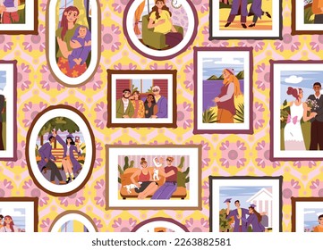 Family pictures. Photo frame on wall pattern. Sketch portraits hanging on wallpaper. Happy moments. Patchwork from photographs. Paintings frameworks. Vector seamless exact illustration
