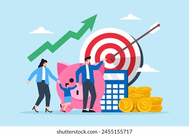 Family with piggy bank, coin money, calculator, and financial target, illustrating investment planning. Concept of saving, wealth management, budgeting, dealing with debt and mortgages, pension fund