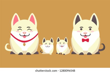 Family of pigs, mother, father and kids. Animals with winking face and raised paw. Sitting piggy in flat style isolated vector, Chinese New Year symbol