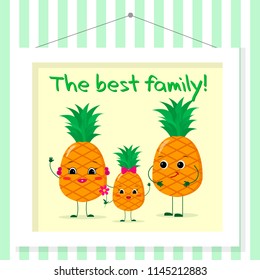 Family of pineapples , mom, dad and kid in cartoon style. Pictured in a painting that hangs on a striped wall. Vector illustration, a flat style.