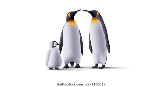 Family of Pinguins realistic 3d illustration. mum dad and baby animals, Arctic fauna wild animals isolated illustration