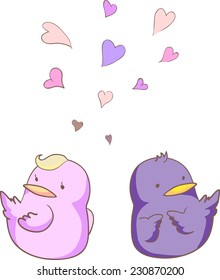 The family of pink and purple hand-drawn cartoon birds - loving couple 