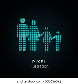 Family - pixel icon. Vector Illustration. Design logo element. Isolated on black background. It is easy to change to any color.