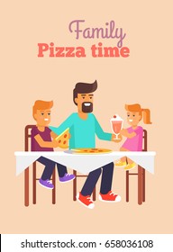 Family pizza time vector illustration of father, daughter and son having lunch together vector illustration. Dad and children sit at the table and eat