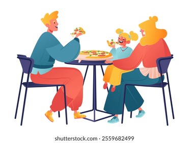 Family in pizzeria, cafe, restaurant or food court in Shopping Center. Young father, mother with little girl enjoying traditional Italian dish. Concept of family vibes fast food, time in family circle