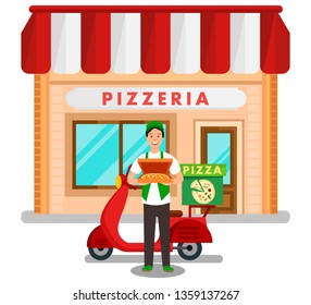 Family Pizzeria Delivery Service Flat Illustration. Cafeteria with Striped Awning. European Small Cafe Exterior Vector Drawing. Courier Cartoon Character Delivering Food by Scooter