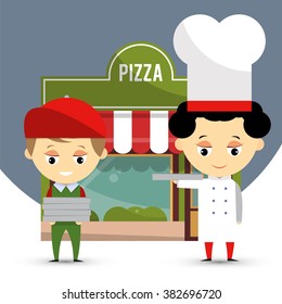 Family pizzeria. Italian restaurant with home delivery. Vector illustration.