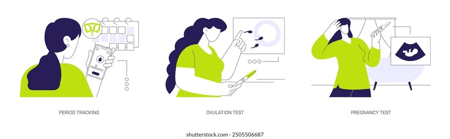 Family planning abstract concept vector illustration set. Period tracking with smartphone app, ovulation day calculator, pregnancy test at home, menstrual cycle, parenthood abstract metaphor.