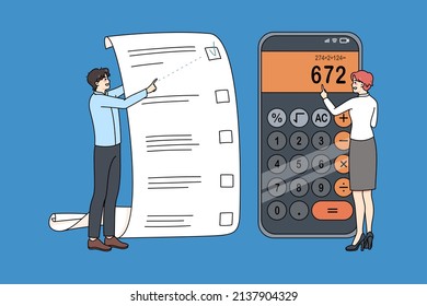 Family planning budget calculating expenses expenditures on machine. Couple with shopping list count finances on calculator. Money planner and financial saving. Vector illustration. 