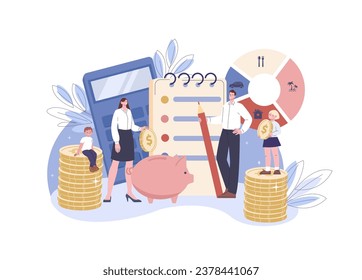Family planning budget and finance. Parents and children with money, piggy bank and list. Monthly calculating money, household bank kicky vector scene