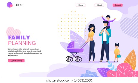 Family Planning Cartoon Landing Page Template. Common Joint Vacation Scheduling Online. Vector Parents with Baby in Stroller and Children Walking Flat Illustration. Happy Parenting and Childhood