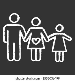 Family planning chalk icon. Husband and wife raising child. Loving mother and father with happy daughter. Healthy spousal relationship. Kid with parents. Isolated vector chalkboard illustration