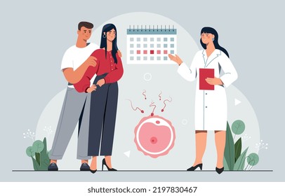 Family planning concept. Man and woman at doctor next to calendar. Future mom and dad. Health care, motherhood and fatherhood. Fertilization and ovulation metaphor. Cartoon flat vector illustration