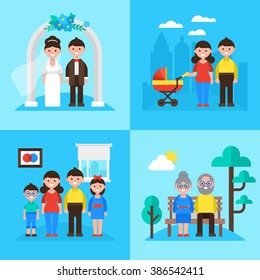 Family planning concept, marriage, young parents, kids and seniors. Vector illustration