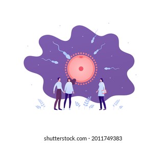 Family planning concept. Vector flat people illustration. Father and mother on appointment with doctor. Ovum and sperm symbol. Design for health care, pharmacology, gynecology, infertility treatment