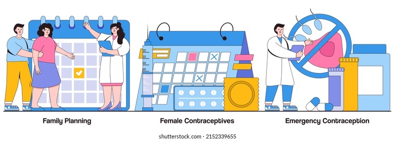 Family Planning, Female Contraceptives, Emergency Contraception Concepts With People Characters. Childbirth Control, Pregnancy Prevention, Prophylactic Means Abstract Vector Illustration Pack.