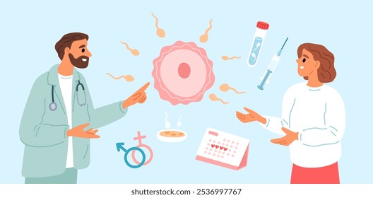 Planejamento familiar. O ginecologista aconselha a mulher. Preparação da concepção. Gravidez, fertilidade e função reprodutiva. Consulta médica. Exame pré-natal. Garish