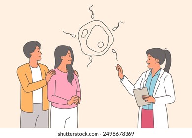 Family planning lesson for couple from gynecologist explaining rules reproduction and parental functions. Gynecologist talks about fertilization process of egg and actions of sperm during conception