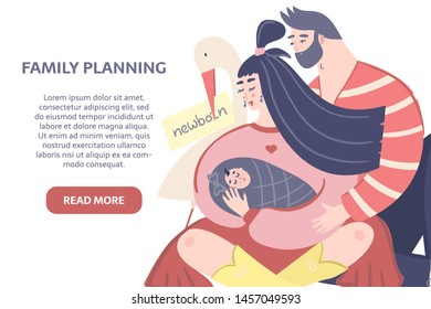 Family planning, materinity, breastfeeding vector concept. Man and woman hugging child with place for your text. Health care, postpartum depression, mental health, happy materinity and parenthood.