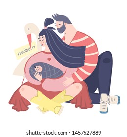 Family planning, materinity, breastfeeding vector concept. Man and woman hugging child isolated illustration. Health care, postpartum depression, mental health, happy materinity and parenthood.