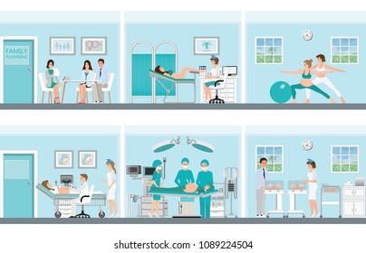 Family planning with medical professionals at work in operation room with doctor and patient in hospital or clinic, vector illustration.