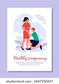 Family planning poster. Man near pregnant woman with large belly. Future father and mother waiting for parenthood. Flyer and leaflet. Cartoon flat vector illustration isolated on violet background