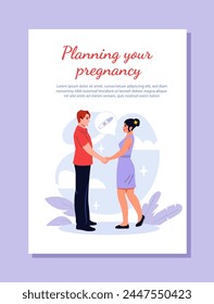 Family planning poster. Man and woman with pregnancy test. Future father and mother waiting for parenthood. Flyer and leaflet. Cartoon flat vector illustration isolated on violet background