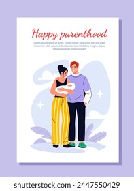 Family planning poster. Man and woman with baby at hands. Father and mother waiting for parenthood. Booklet and leaflet. Cartoon flat vector illustration isolated on violet background