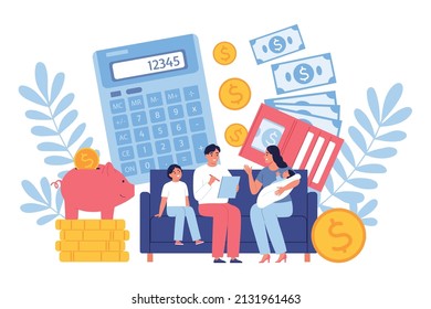 Family Planning Their Budget Together Flat Concept With Human Characters Calculator And Money Vector Illustration