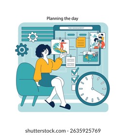 Family planning time organized at home with a focus on balancing activities and schedules. A woman reflects on day-to-day tasks and manages her time efficiently through visual aids and checklists.