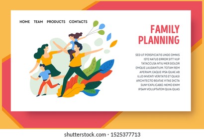 Family planning web site design template, happy parents playing with kids outdoors. Landing page for parenthood and child care online service. Flat vector illustration.