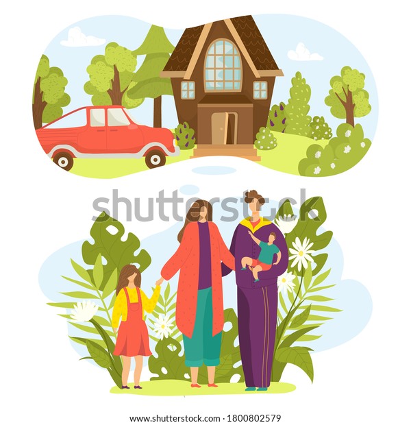 Family plans concept, vector illustration set.\
Flat mother, father children together cartoon concept. House, car\
with happy parents and boy girl characters. People planning\
lifestyle with home,\
vehicle.
