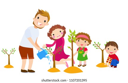 family plant trees in the park. vector