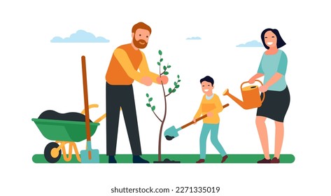 Árbol plantado por la familia. Padre y madre junto con jardinería infantil. Padres e hijos cuidan de los arbustos. Suelo excavador para la plántula. Camión de ruedas y bote de riego. Planta de cultivo