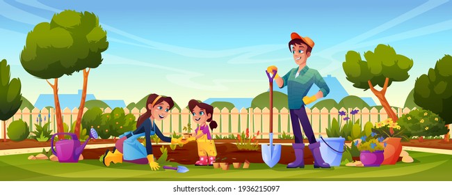 Family Planting Flowers On Backyard, Mother, Father And Daughter. Vector Cartoon People In Garden, Flower Bed, Wooden Fence Hedge, Green Trees And Bushes, House On Background. Gardening Instruments