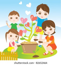 Family planting and gardening with love